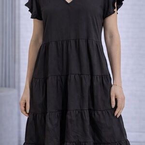 Black Tiered V-Neck Midi Dress with Flutter Sleeves